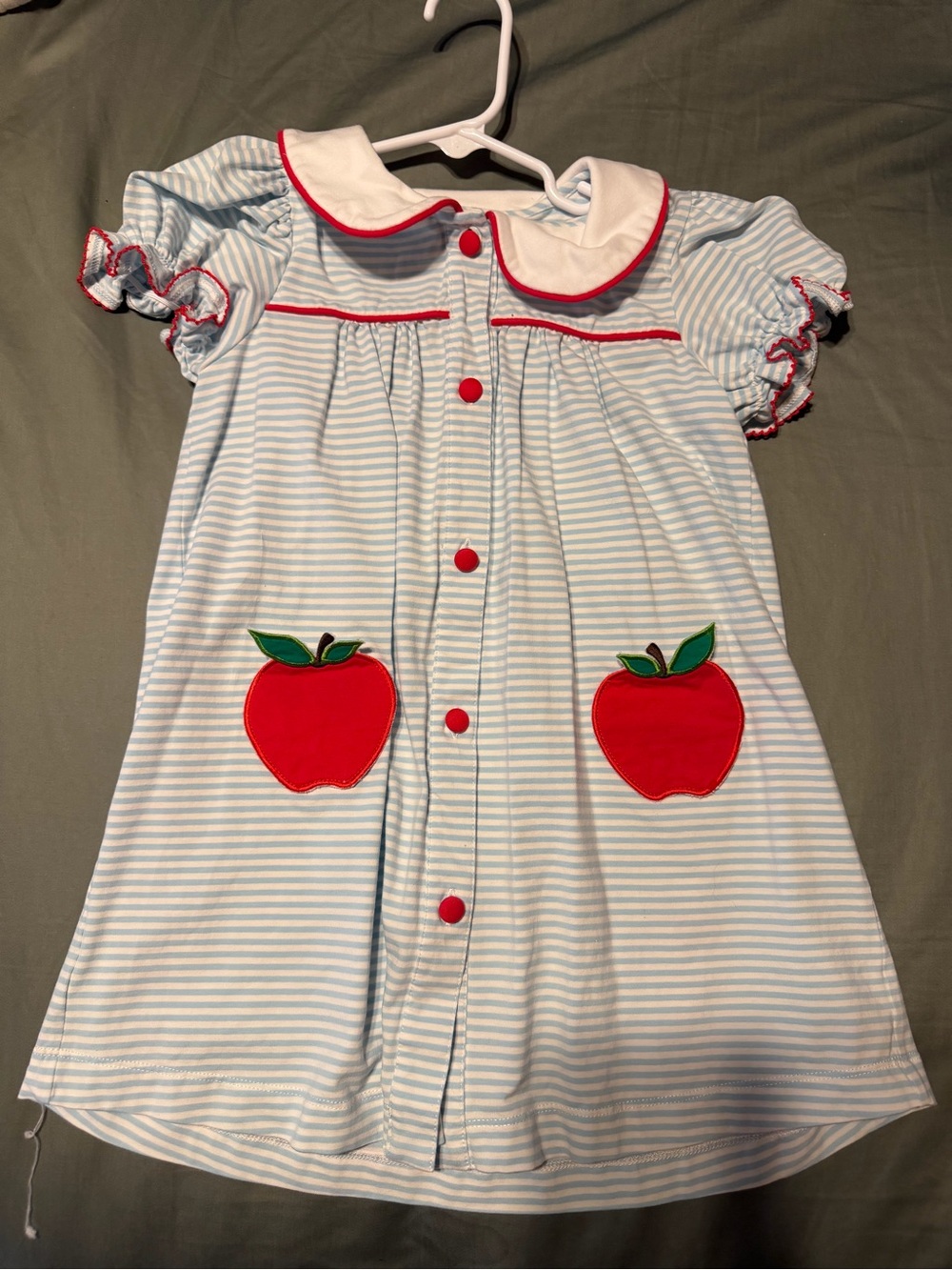 Blue & White Striped dress with Red Apple Pockets